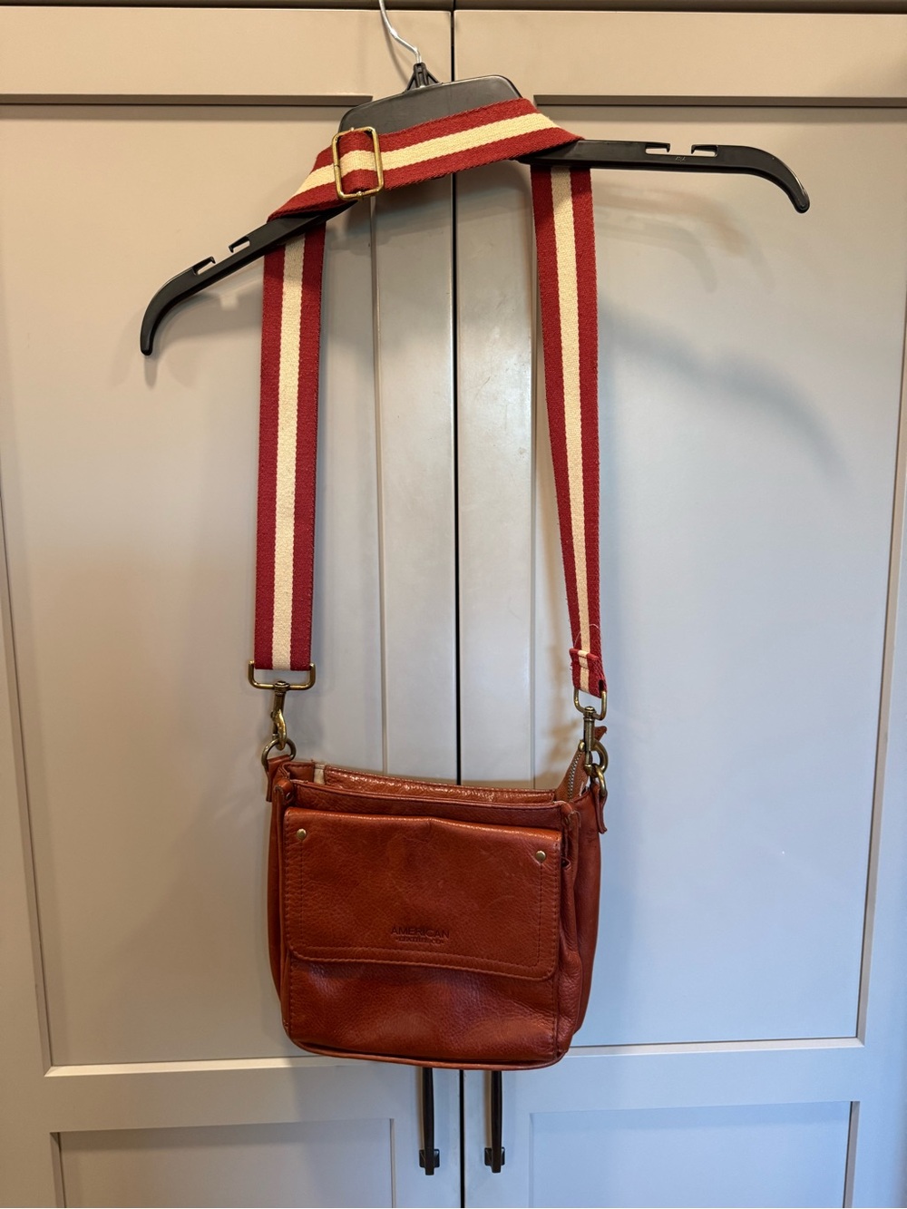 Leather Crossbody with Red and Cream Striped Strap